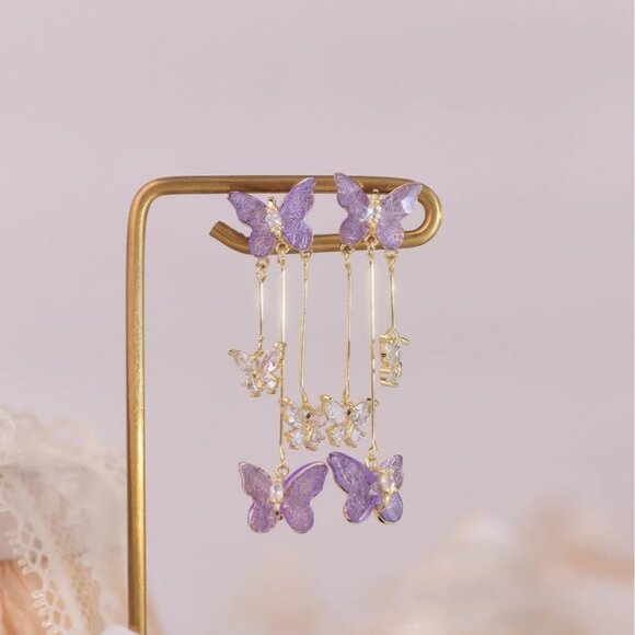 Women's Purple Tassel Style Zircon Lightweight Butterfly Crystal Dangle Earring - Picture 8 of 8